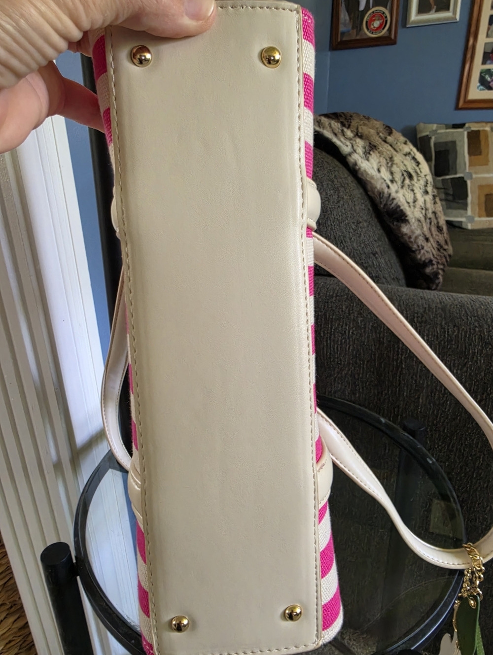 Betsey Johnson White & Pink Striped Women’s Handbag with Floral Charm - Picture 7 of 7